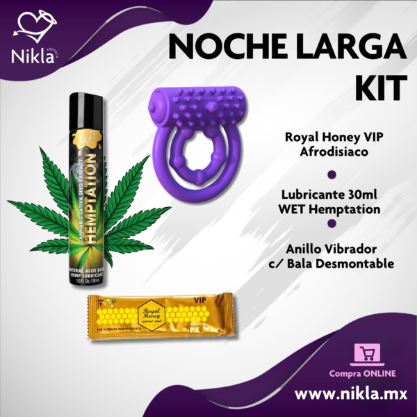 Noche Larga Kit – Lub con Canabbis, Royal Honey y Anillo Vibrador Premium