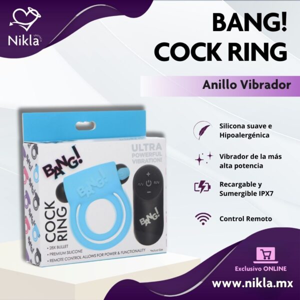 BANG  Cock Ring Azul – Anillo Vibrador con Bala a Control Remoto Recargable