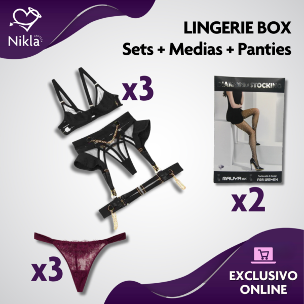 ¡NUEVO! Kit Lingerie Box – 3 sets + 3 panties + 2 accesorios