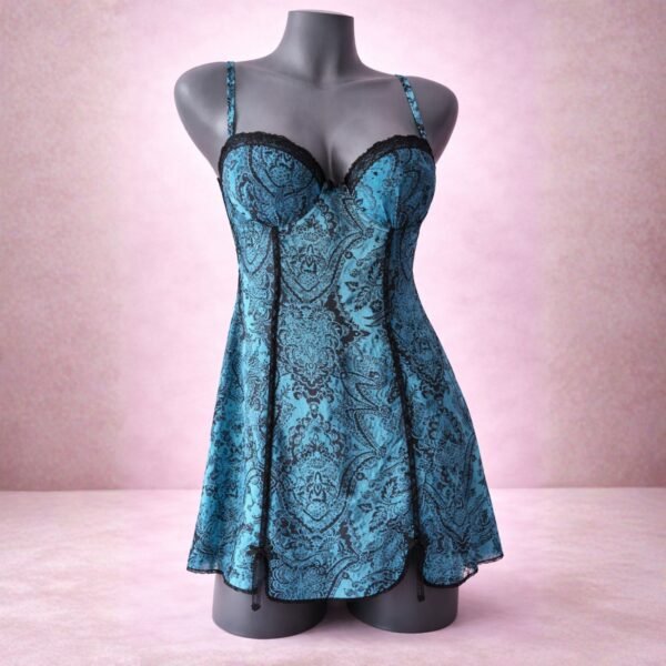 Pijama Sexy Satinada Azul con  Negro- Talla Mediana