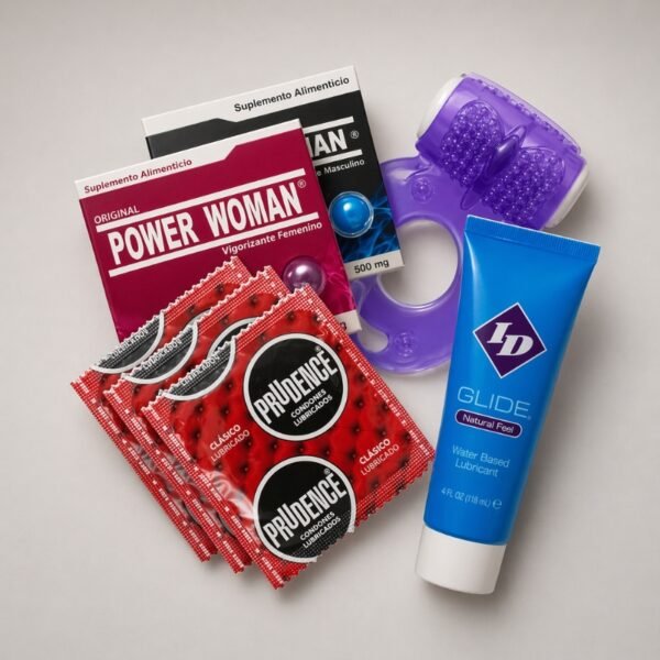 Los Básicos Kit Erótico – Condones, Lub, Vigorizantes y Anillo Vibrador